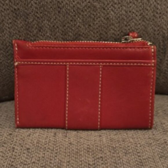 Coach Red Leather Zip Card Case Wallet w/ Key Ring – Compact Wristlet Pouch - Picture 2 of 3